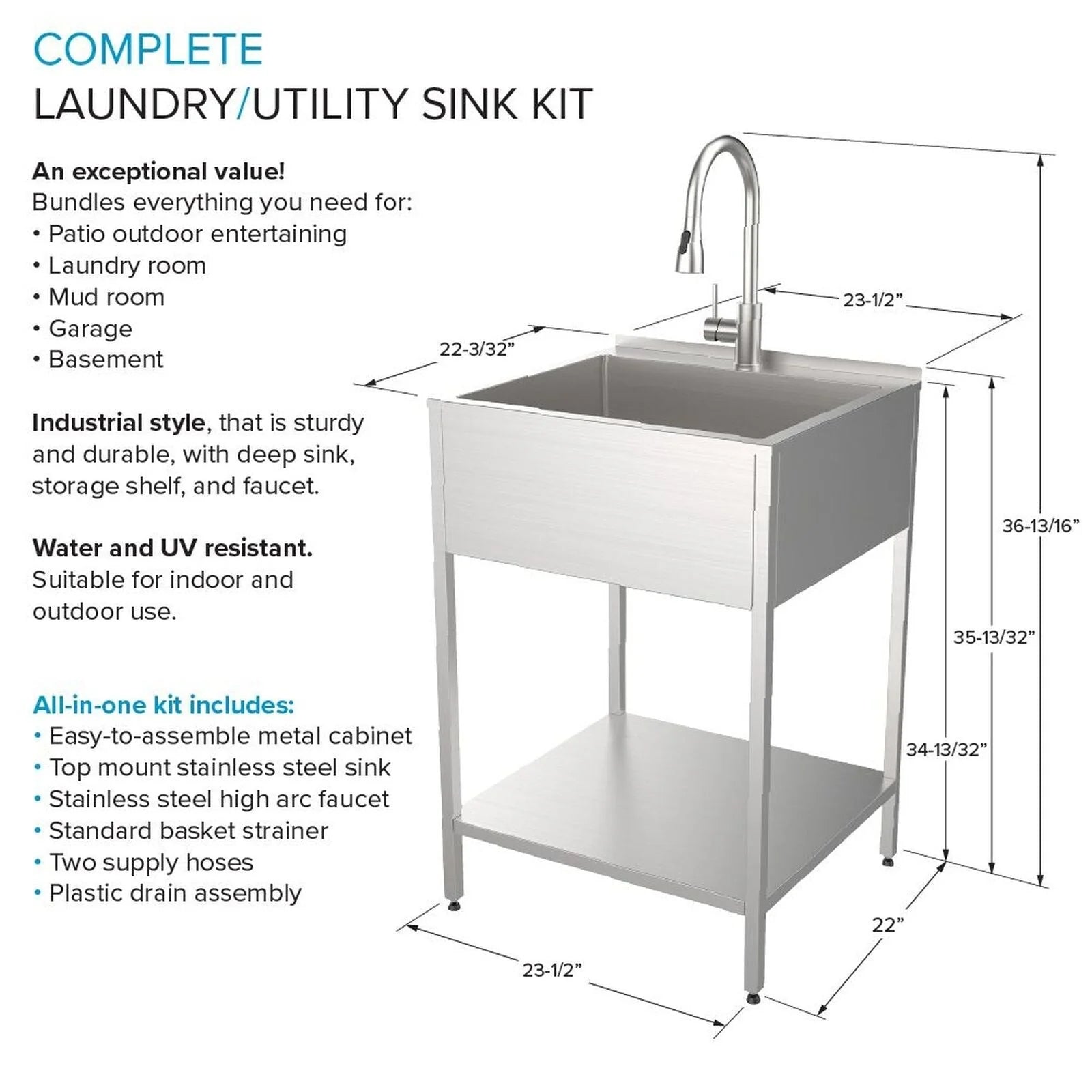 61 cm B x 56 cm T x 89 cm H Waschbecken aus Edelstahl mit Unterschrank