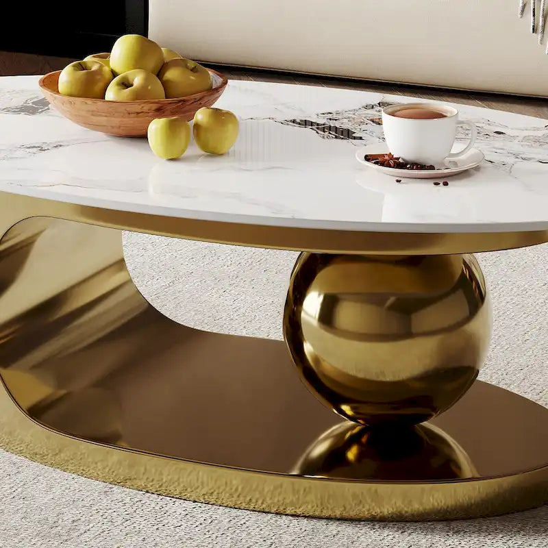 51 Moderne Pandora Oval-Couchtisch mit glänzender gesinterter Steinplatte, Luxus-Couchtisch, Edelstahlbeine für das Wohnzimmer