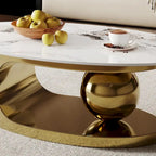 51 Moderne Pandora Oval-Couchtisch mit glänzender gesinterter Steinplatte, Luxus-Couchtisch, Edelstahlbeine für das Wohnzimmer