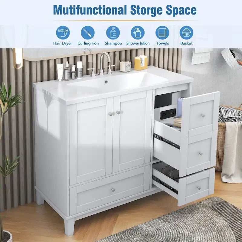 36 Zoll Badezimmerwaschtisch mit USB-Ladefunktion, Harzwaschbecken, Massivholzrahmen, 3 Schubladen Stauraum