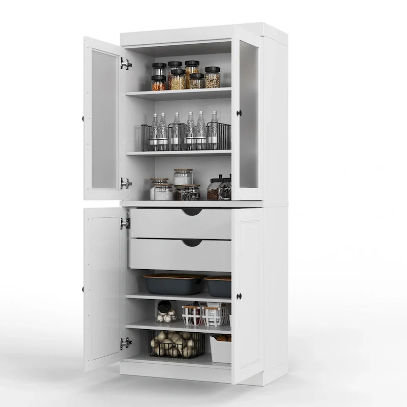 Vollholz-Vorratschrank mit Milchglastüren, Holztüren, 2 Schubladen und verstellbaren Einlegeböden