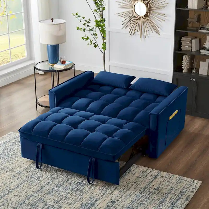 4-in-1 Loveseat Schlafsofa mit Armlehnen & Aufbewahrungstaschen, Multifunktionales getuftetes Ausziehsofa mit verstellbarer Rückenlehne
