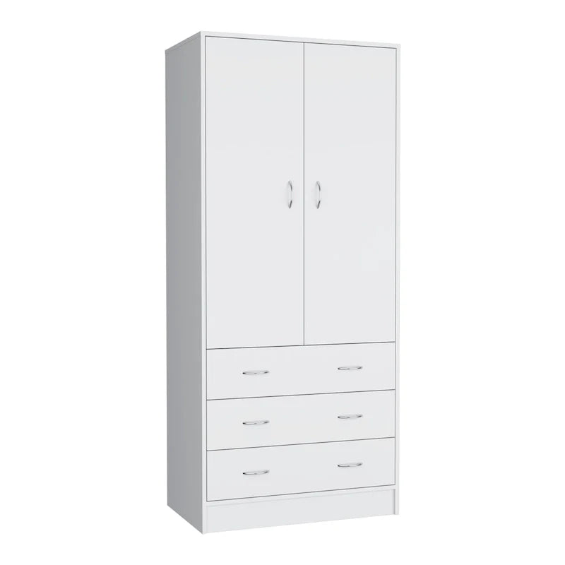 19 Moderner Doppeltüriger Kleiderschrank mit 3 Schubladen und 1 Kleiderstange für Schlafzimmer