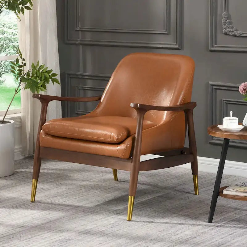 Modern PU Leather Accent Leisure Chair Solid Wood Frame Mid Century Style