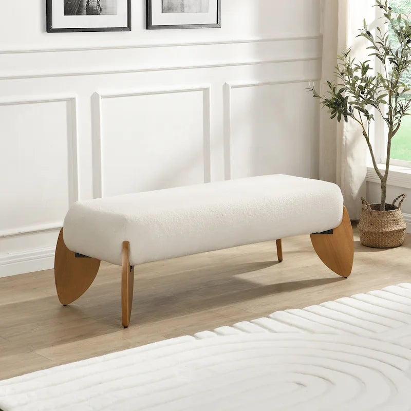 - Clara White Bouclé Ottoman-Sitzbank – 122 cm B x 49,5 cm T x 43 cm H