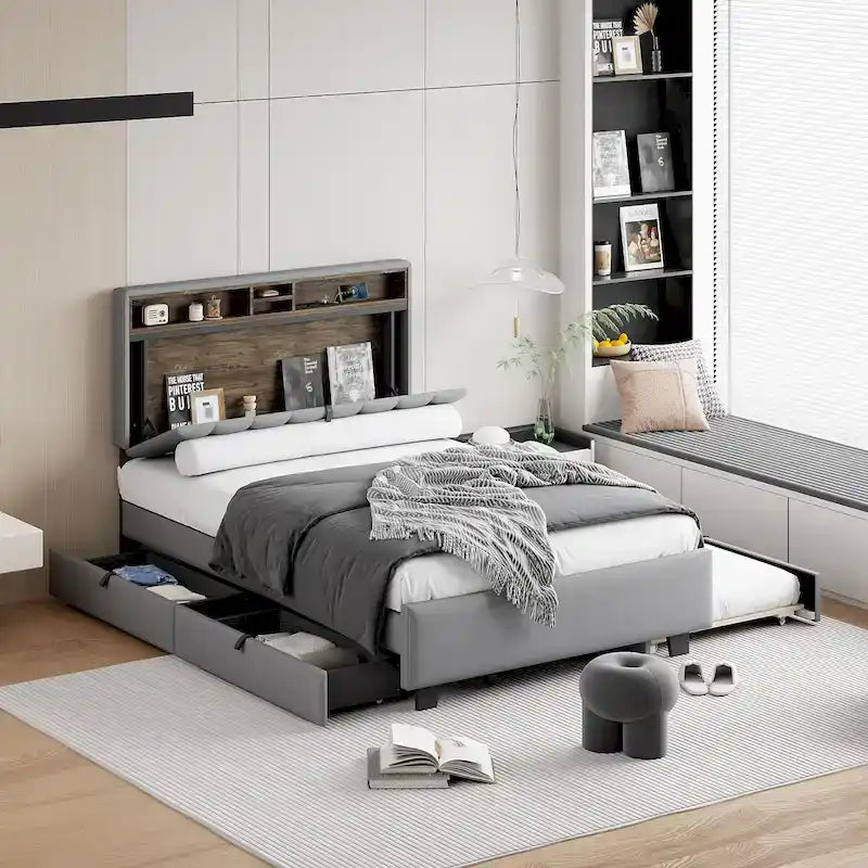 Polsterbett mit Stauraum-Kopfteil, Twin XL Ausziehbett und 2 Schubladen