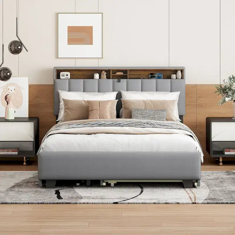Polsterbett mit Stauraum-Kopfteil, Twin XL Ausziehbett und 2 Schubladen