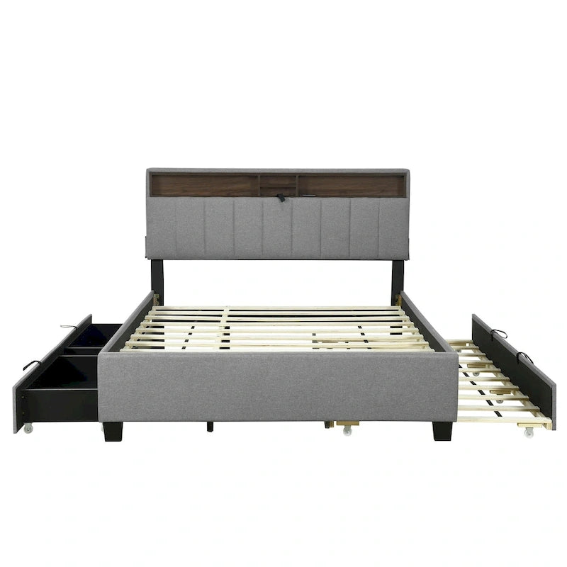 Polsterbett mit Stauraum-Kopfteil, Twin XL Ausziehbett und 2 Schubladen