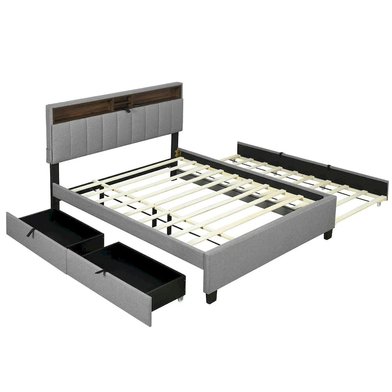 Polsterbett mit Stauraum-Kopfteil, Twin XL Ausziehbett und 2 Schubladen