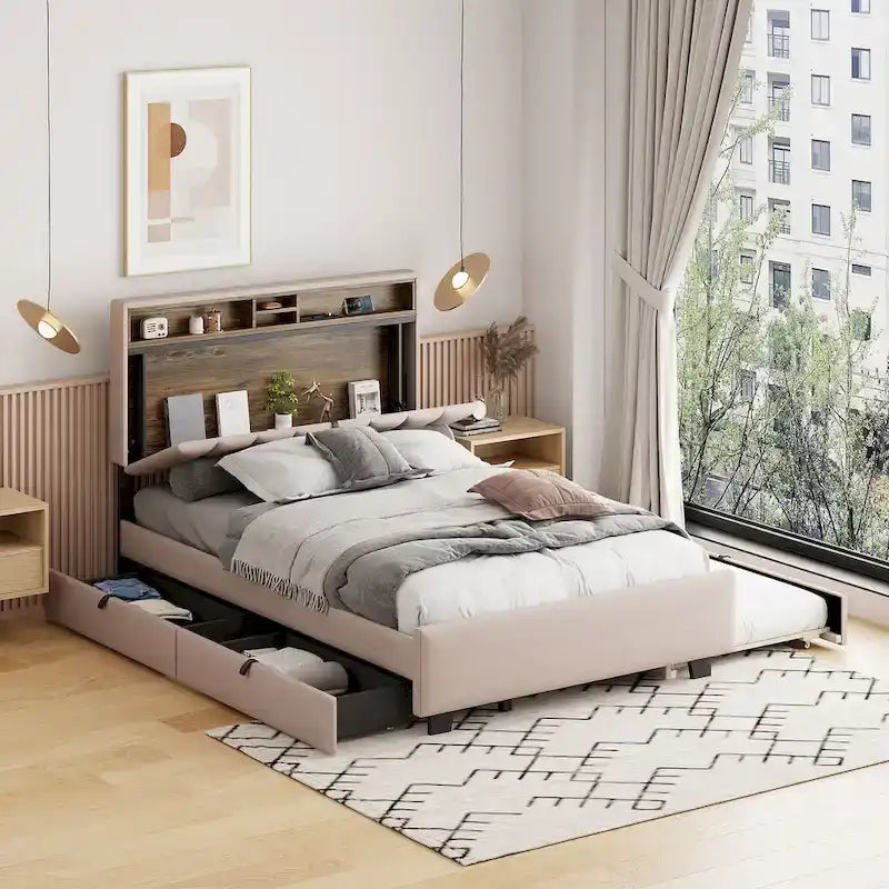 Polsterbett mit Stauraum-Kopfteil, Twin XL Ausziehbett und 2 Schubladen