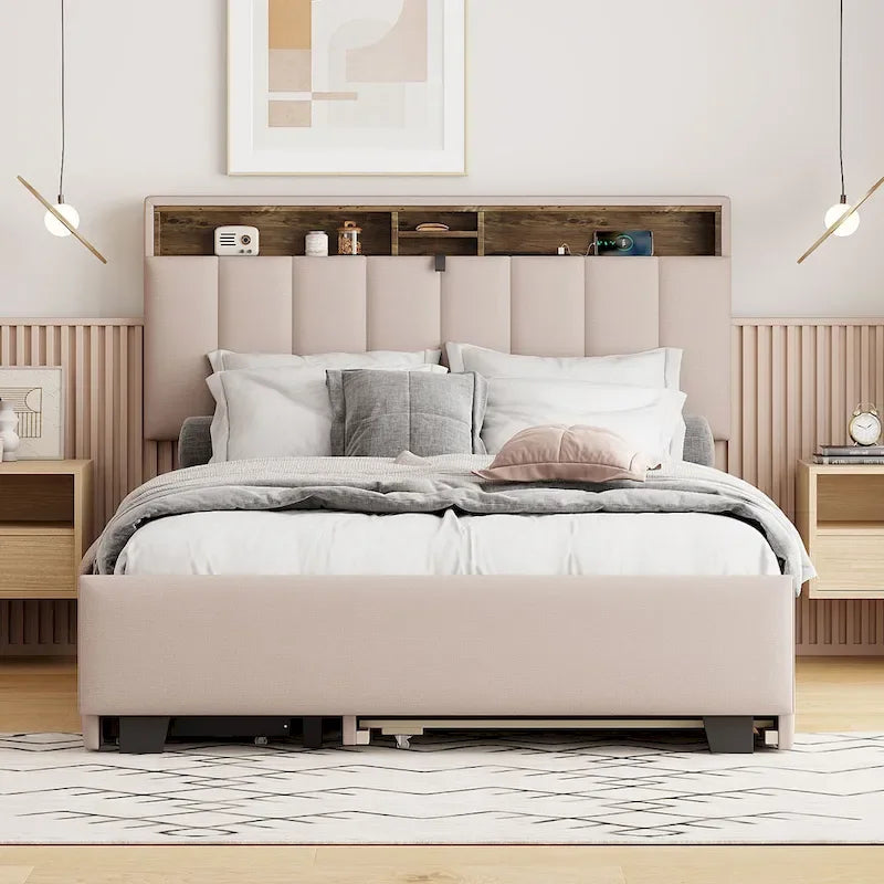 Polsterbett mit Stauraum-Kopfteil, Twin XL Ausziehbett und 2 Schubladen