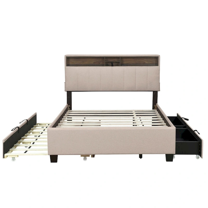 Polsterbett mit Stauraum-Kopfteil, Twin XL Ausziehbett und 2 Schubladen