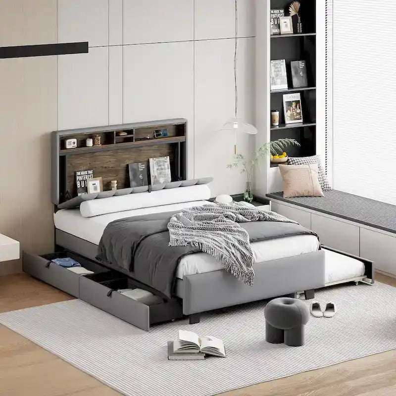 Polsterbett mit Stauraum-Kopfteil, Twin XL Ausziehbett und 2 Schubladen
