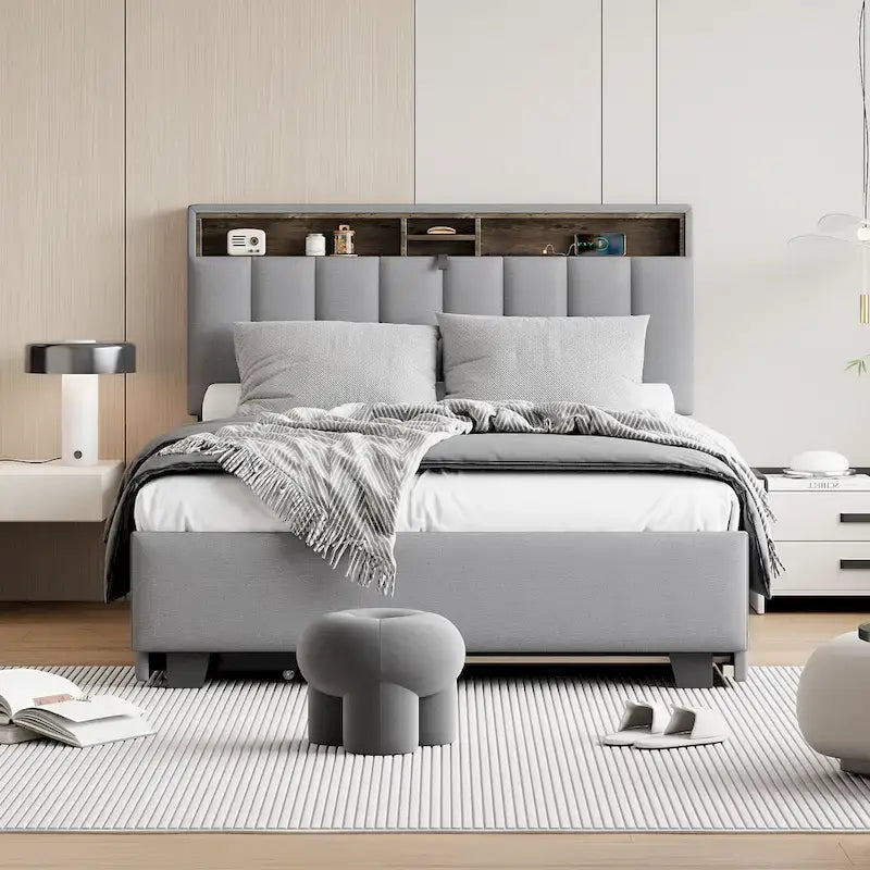 Polsterbett mit Stauraum-Kopfteil, Twin XL Ausziehbett und 2 Schubladen