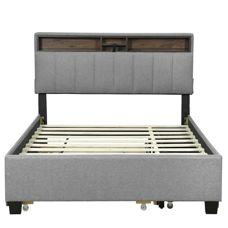 Polsterbett mit Stauraum-Kopfteil, Twin XL Ausziehbett und 2 Schubladen