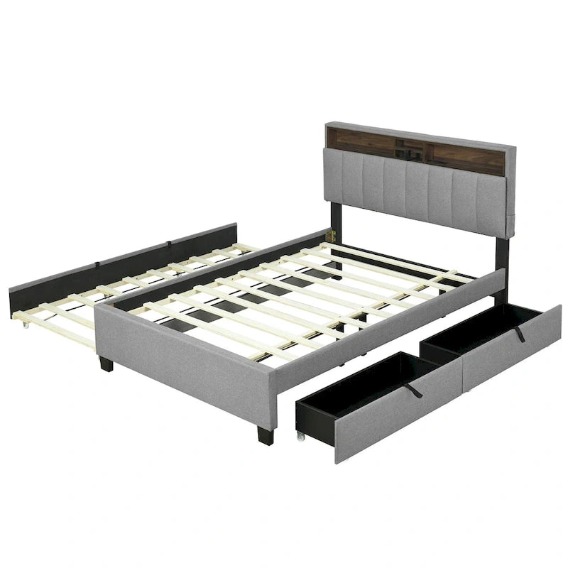 Polsterbett mit Stauraum-Kopfteil, Twin XL Ausziehbett und 2 Schubladen