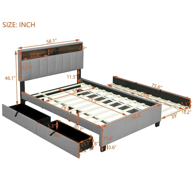 Polsterbett mit Stauraum-Kopfteil, Twin XL Ausziehbett und 2 Schubladen