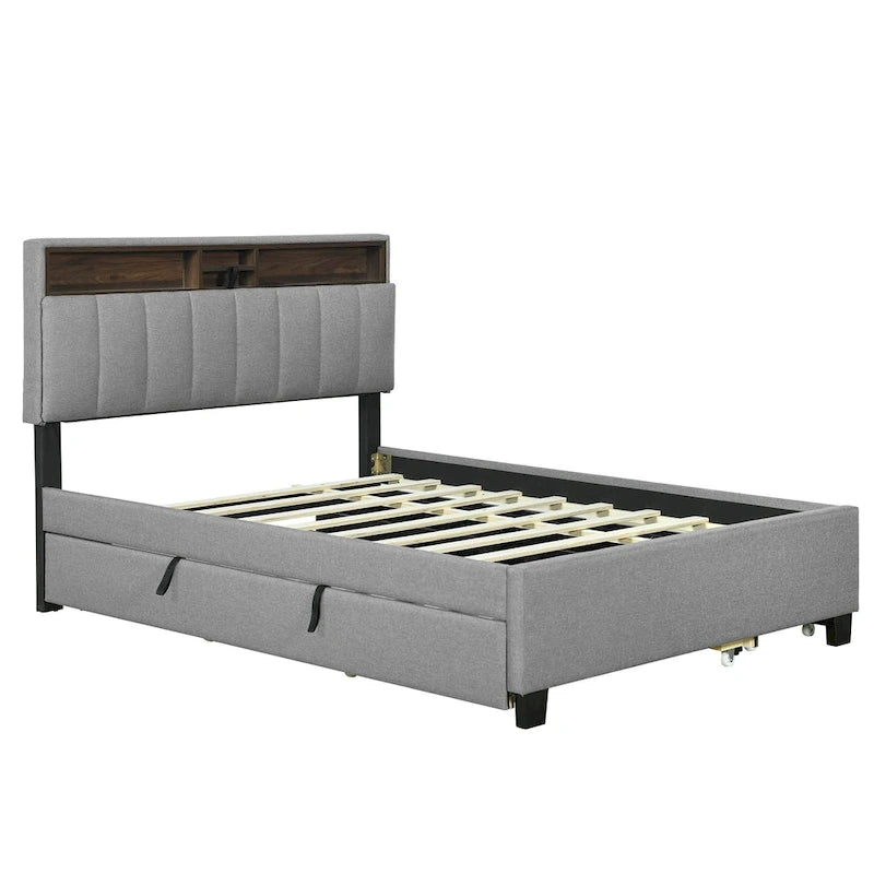 Polsterbett mit Stauraum-Kopfteil, Twin XL Ausziehbett und 2 Schubladen