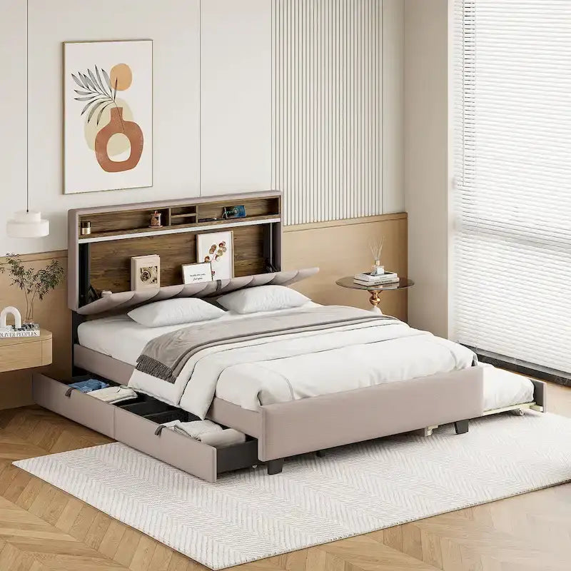 Polsterbett mit Stauraum-Kopfteil, Twin XL Ausziehbett und 2 Schubladen