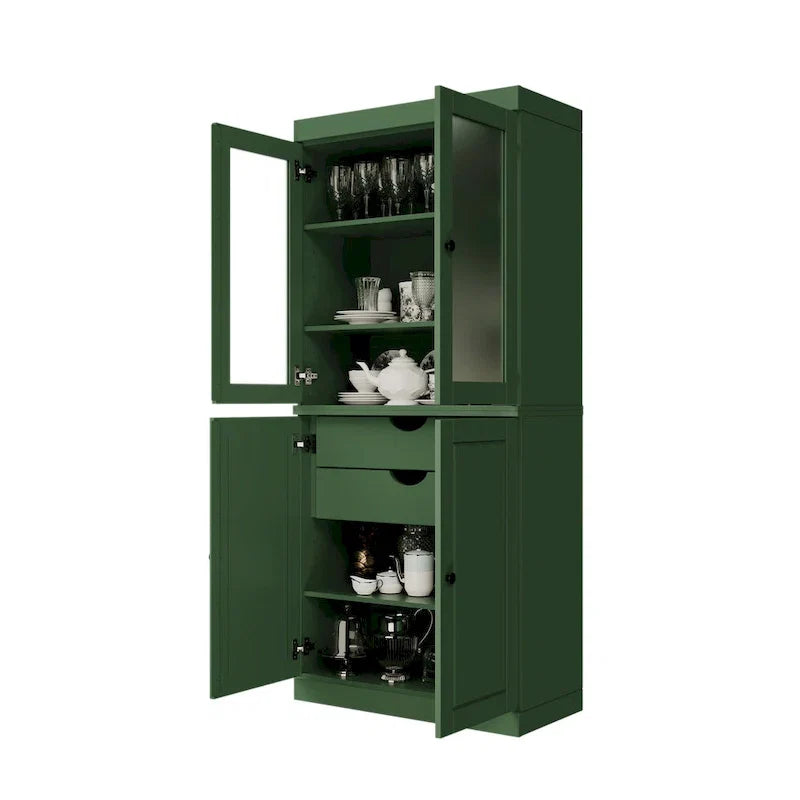 Vollholz-Vorratschrank mit Milchglastüren, Holztüren, 2 Schubladen und verstellbaren Einlegeböden