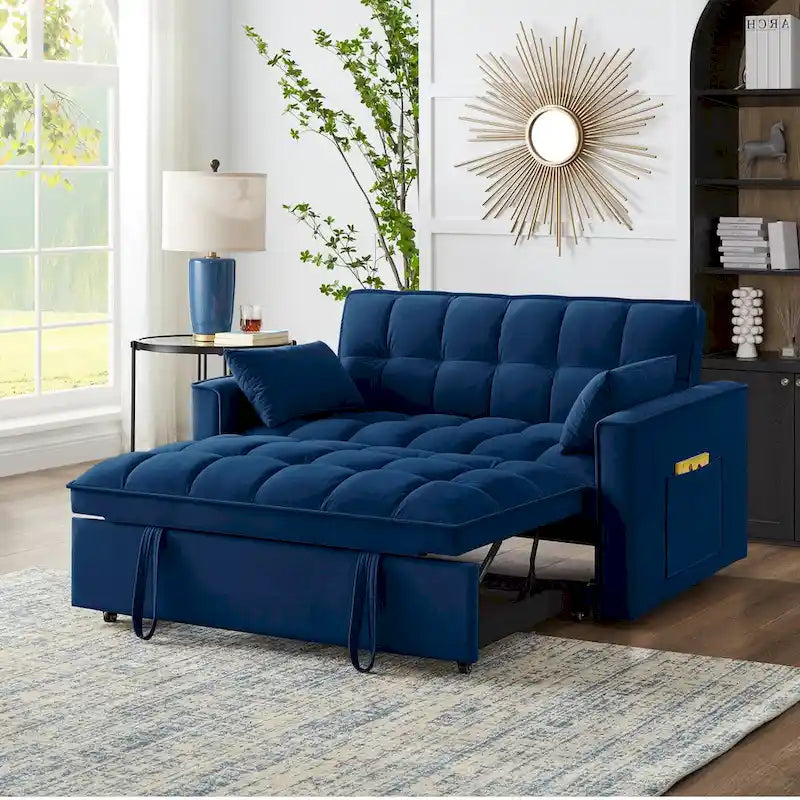 4-in-1 Loveseat Schlafsofa mit Armlehnen & Aufbewahrungstaschen, Multifunktionales getuftetes Ausziehsofa mit verstellbarer Rückenlehne