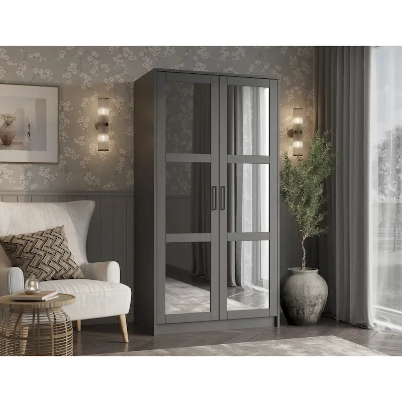 100 % Massivholz Urbaner Kleiderschrank mit 2 Türen, mit Massivholz- und Spiegeltüren
