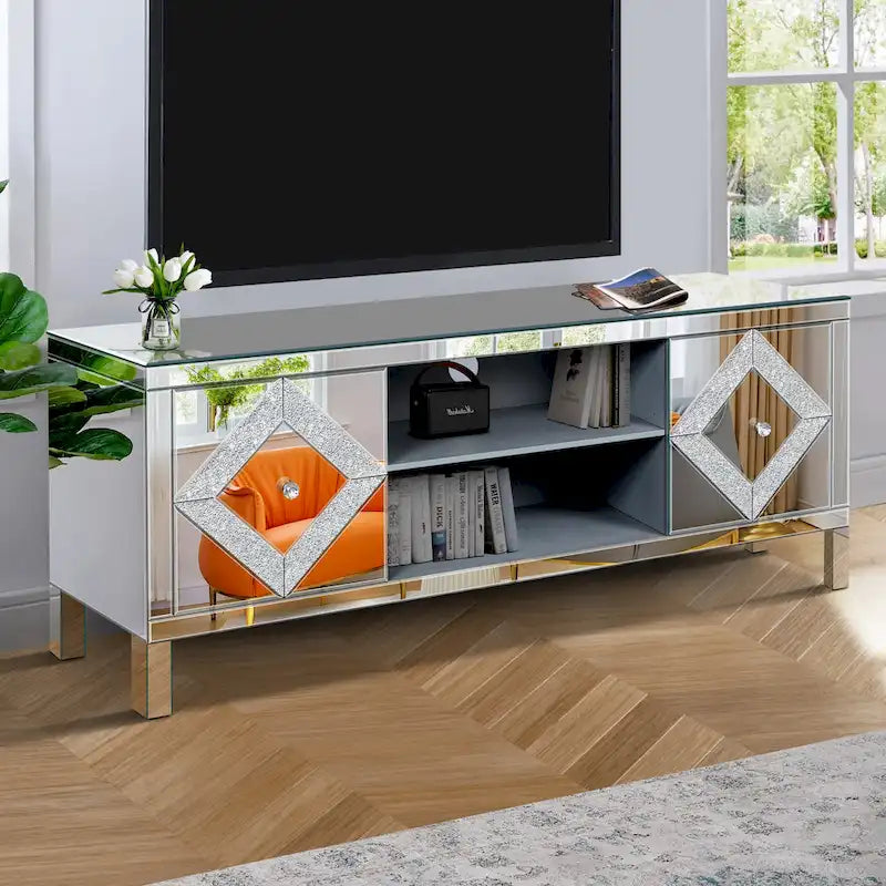59-Zoll-TV-Ständer mit rautenförmigen Spiegeltüren und Stauraum für Fernseher bis zu 65 Zoll