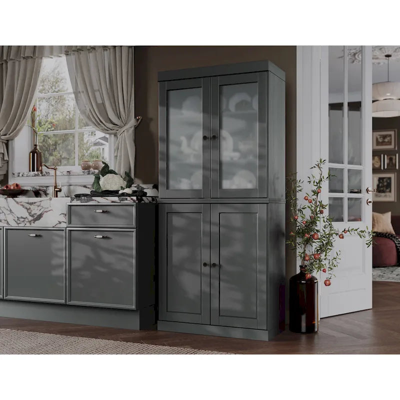 Vollholz-Vorratschrank mit Milchglastüren, Holztüren, 2 Schubladen und verstellbaren Einlegeböden