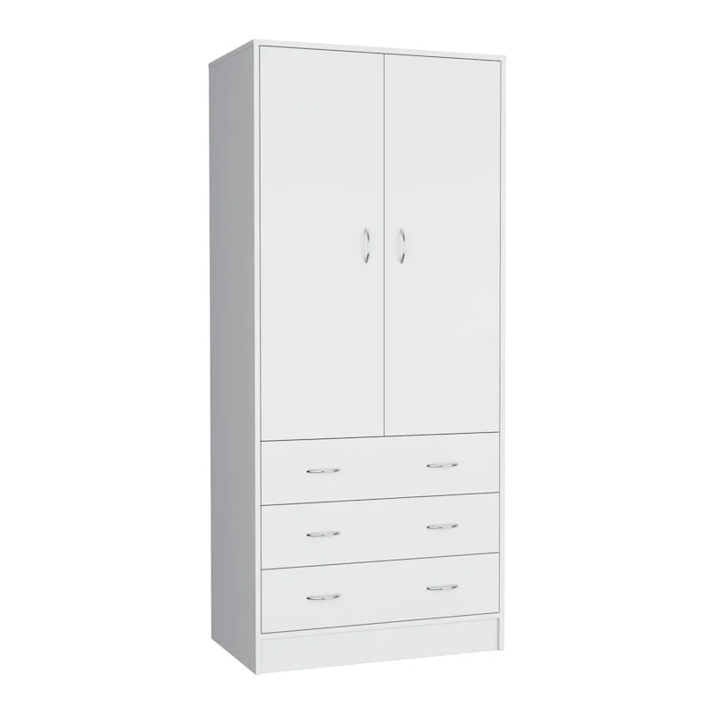 19 Moderner Doppeltüriger Kleiderschrank mit 3 Schubladen und 1 Kleiderstange für Schlafzimmer