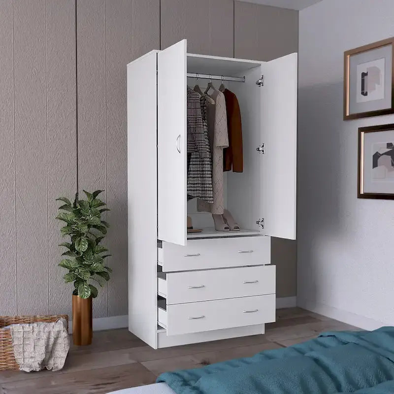 19 Moderner Doppeltüriger Kleiderschrank mit 3 Schubladen und 1 Kleiderstange für Schlafzimmer