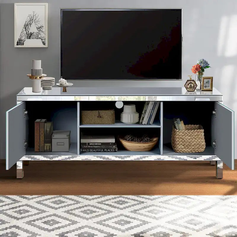 59-Zoll-TV-Ständer mit rautenförmigen Spiegeltüren und Stauraum für Fernseher bis zu 65 Zoll