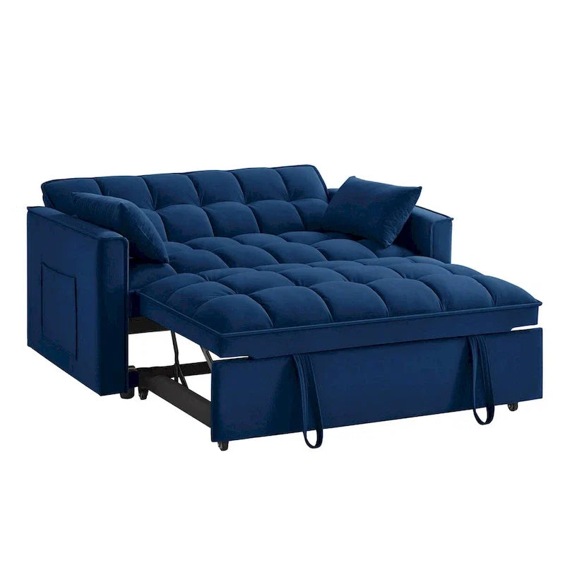 4-in-1 Loveseat Schlafsofa mit Armlehnen & Aufbewahrungstaschen, Multifunktionales getuftetes Ausziehsofa mit verstellbarer Rückenlehne