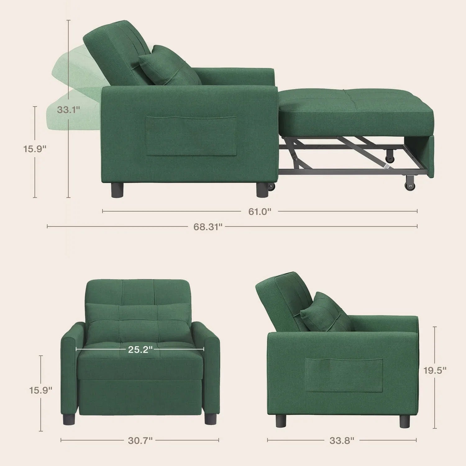 3-in-1 verstellbares Schlafsofa, ausziehbares Sesselsofa, umwandelbares Klappbett für das Wohnzimmer