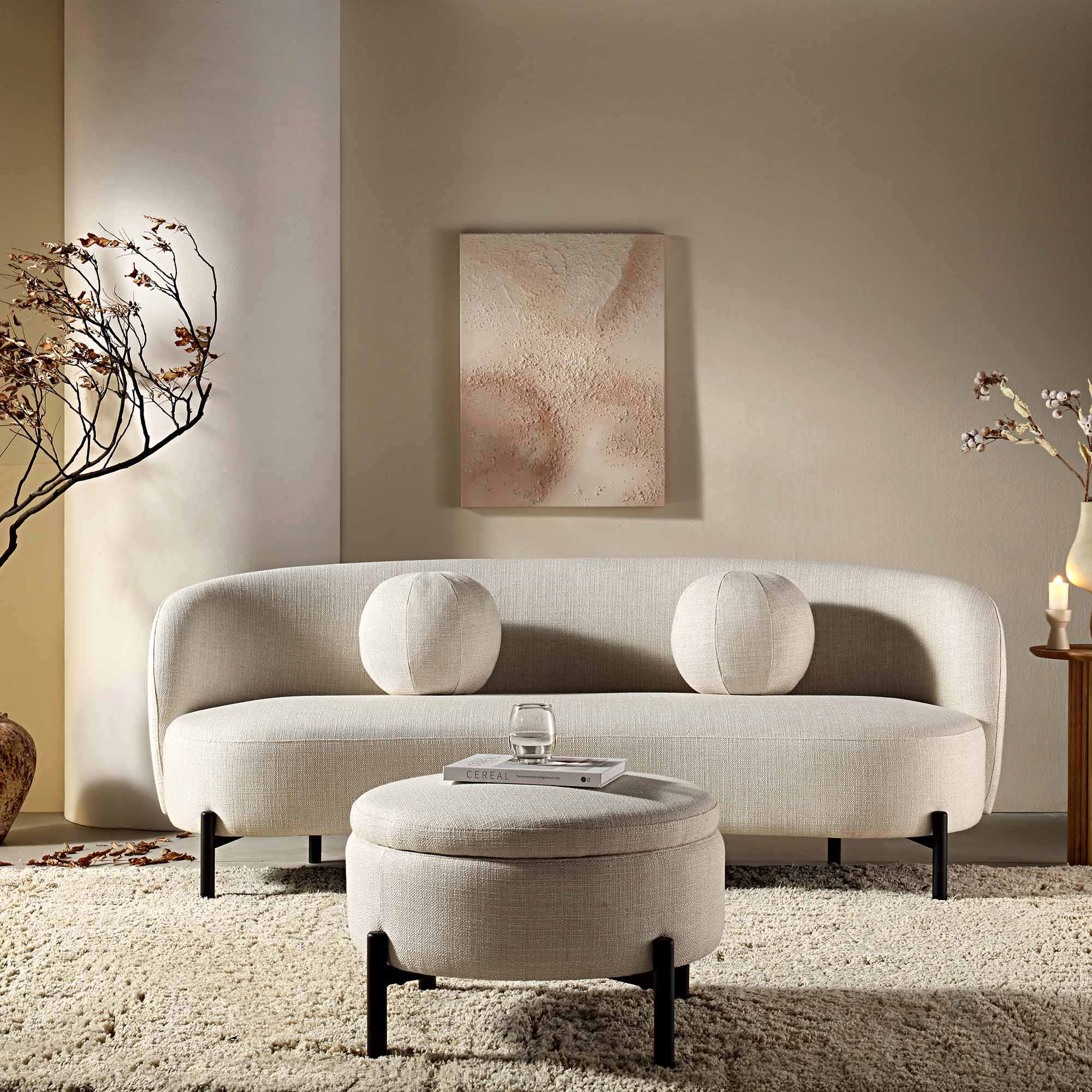 3-Sitzer geschwungenes Sofa mit Kugel-Kissen, Leinenmischung Beige