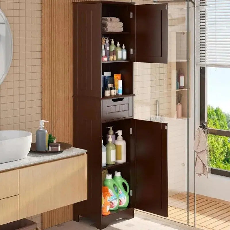 67 Zoll hoher Badezimmerschrank, schmaler Wäscheschrank, Aufbewahrungsschrank mit 2 Türen und Schublade