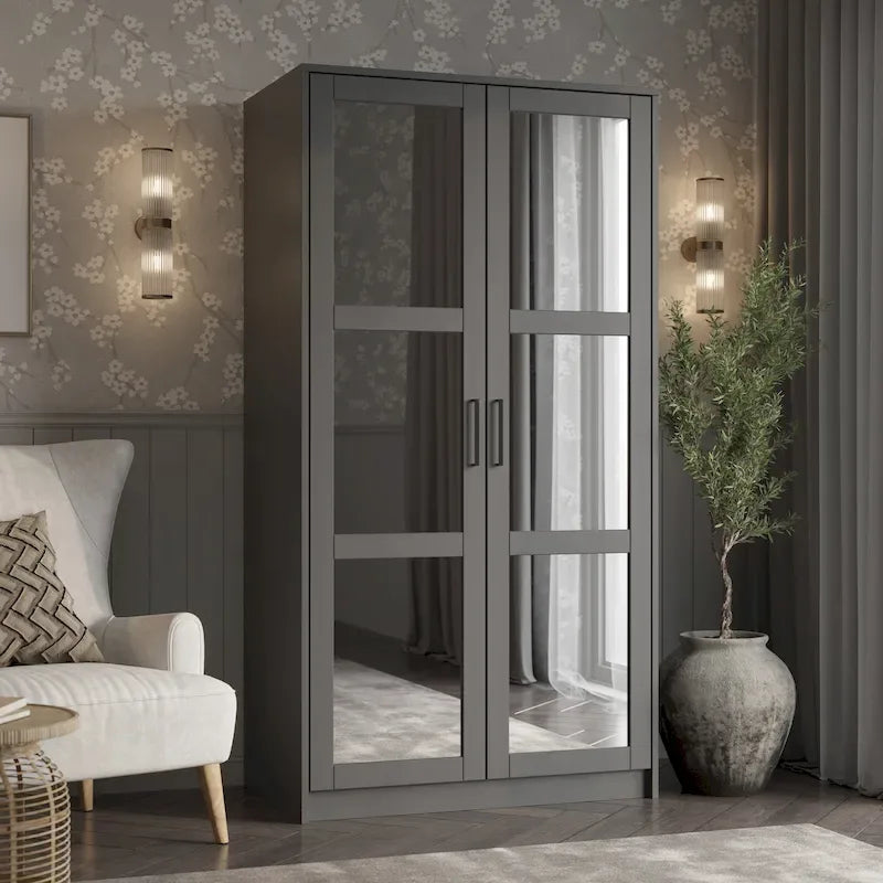 100 % Massivholz Urbaner Kleiderschrank mit 2 Türen, mit Massivholz- und Spiegeltüren