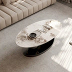 51 Moderne Pandora Oval-Couchtisch mit glänzender gesinterter Steinplatte, Luxus-Couchtisch, Edelstahlbeine für das Wohnzimmer