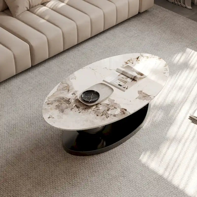 51 Moderne Pandora Oval-Couchtisch mit glänzender gesinterter Steinplatte, Luxus-Couchtisch, Edelstahlbeine für das Wohnzimmer
