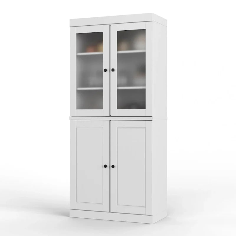 Vollholz-Vorratschrank mit Milchglastüren, Holztüren, 2 Schubladen und verstellbaren Einlegeböden