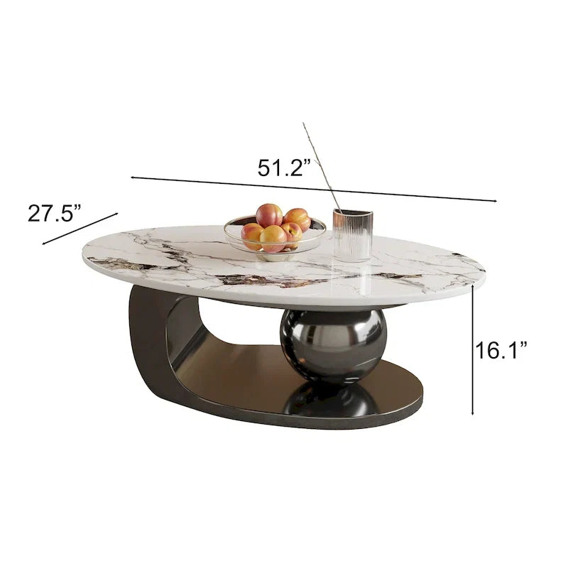 51 Moderne Pandora Oval-Couchtisch mit glänzender gesinterter Steinplatte, Luxus-Couchtisch, Edelstahlbeine für das Wohnzimmer