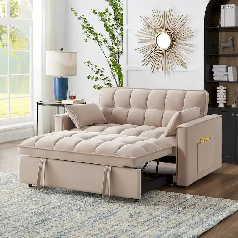 4-in-1 Loveseat Schlafsofa mit Armlehnen & Aufbewahrungstaschen, Multifunktionales getuftetes Ausziehsofa mit verstellbarer Rückenlehne