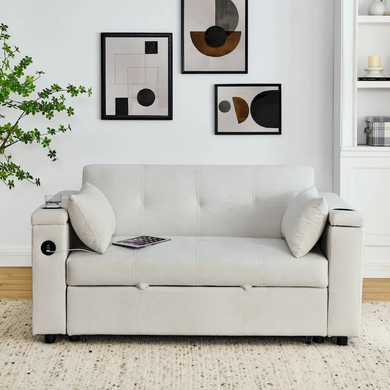54 Schlafsofa zum Ausziehen, 2-Sitzer-Schlafsofa mit Stauraum, Lendenkissen, USB-Steckdose