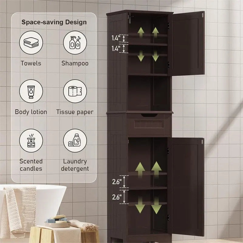 67 Zoll hoher Badezimmerschrank, schmaler Wäscheschrank, Aufbewahrungsschrank mit 2 Türen und Schublade