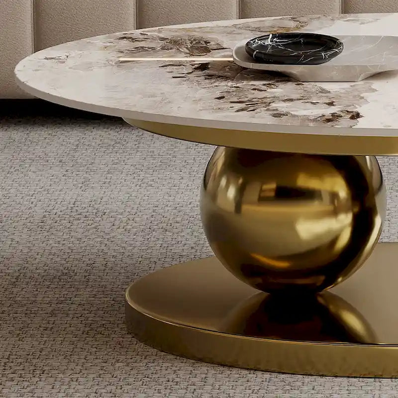 51 Moderne Pandora Oval-Couchtisch mit glänzender gesinterter Steinplatte, Luxus-Couchtisch, Edelstahlbeine für das Wohnzimmer