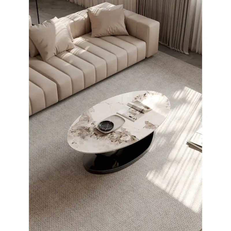 51 Moderne Pandora Oval-Couchtisch mit glänzender gesinterter Steinplatte, Luxus-Couchtisch, Edelstahlbeine für das Wohnzimmer