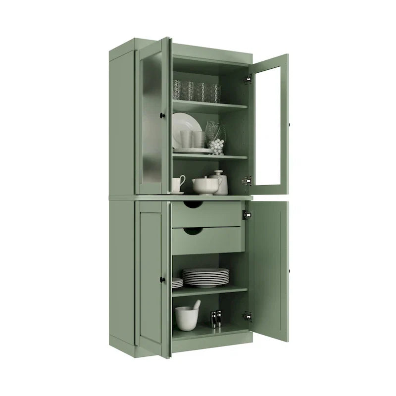 Vollholz-Vorratschrank mit Milchglastüren, Holztüren, 2 Schubladen und verstellbaren Einlegeböden