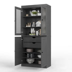 Vollholz-Vorratschrank mit Milchglastüren, Holztüren, 2 Schubladen und verstellbaren Einlegeböden