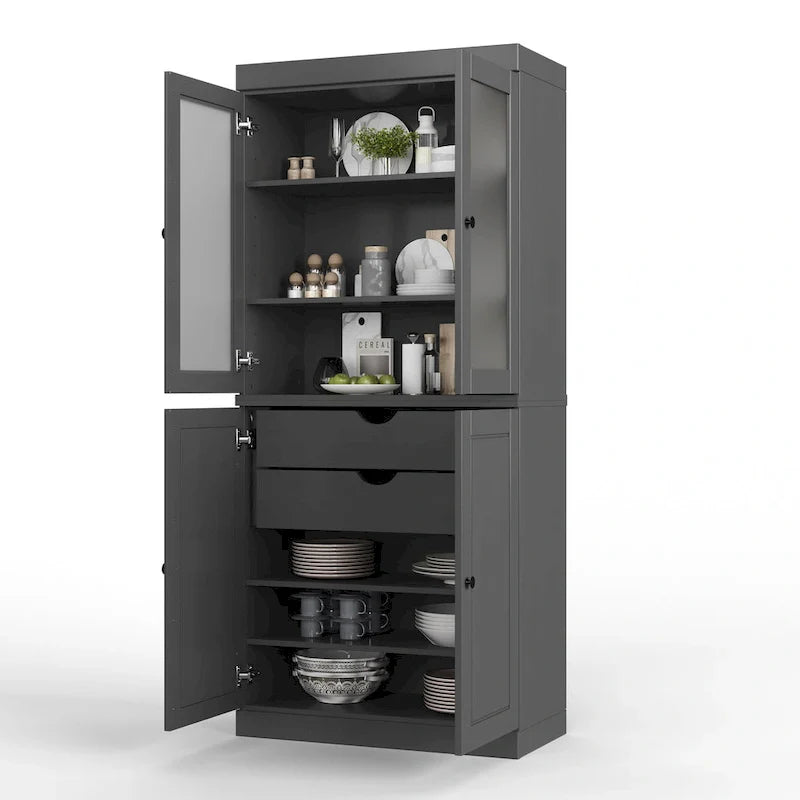 Vollholz-Vorratschrank mit Milchglastüren, Holztüren, 2 Schubladen und verstellbaren Einlegeböden