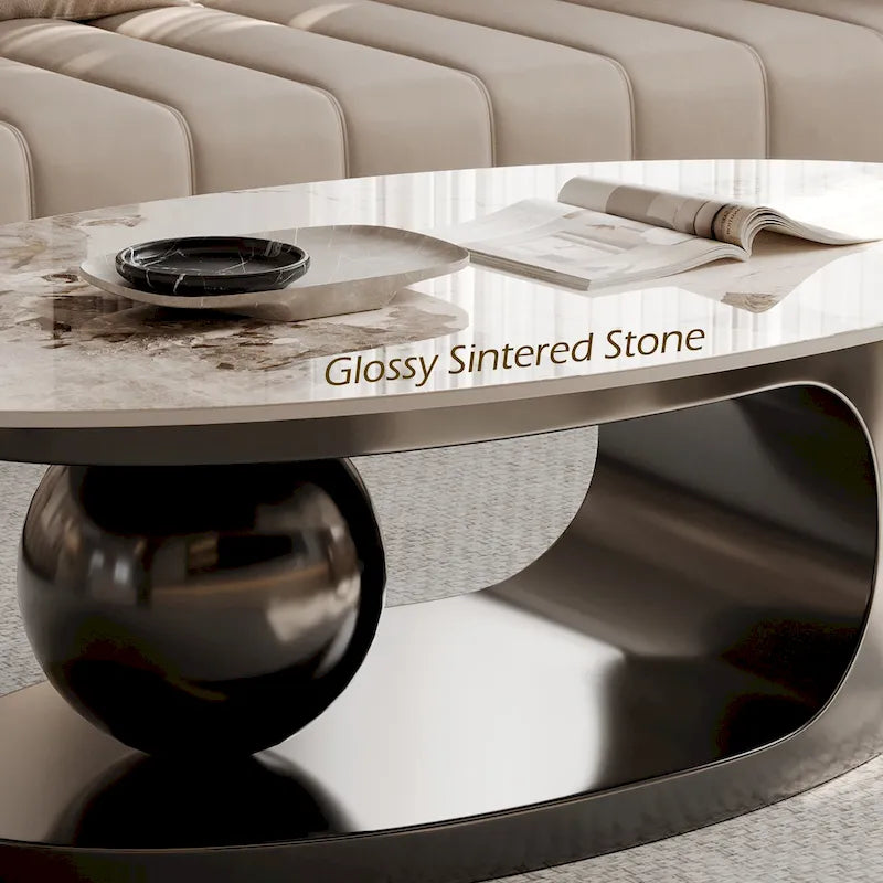 51 Moderne Pandora Oval-Couchtisch mit glänzender gesinterter Steinplatte, Luxus-Couchtisch, Edelstahlbeine für das Wohnzimmer
