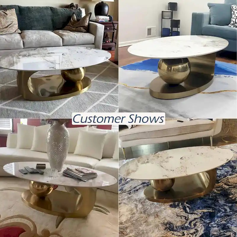 51 Moderne Pandora Oval-Couchtisch mit glänzender gesinterter Steinplatte, Luxus-Couchtisch, Edelstahlbeine für das Wohnzimmer